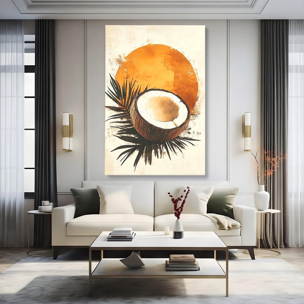 Tablou canvas cu tablou canvas cu nuca de cocos si soare portocaliu, fara rama, pe sasiu de lemn, pe perete intr-un living